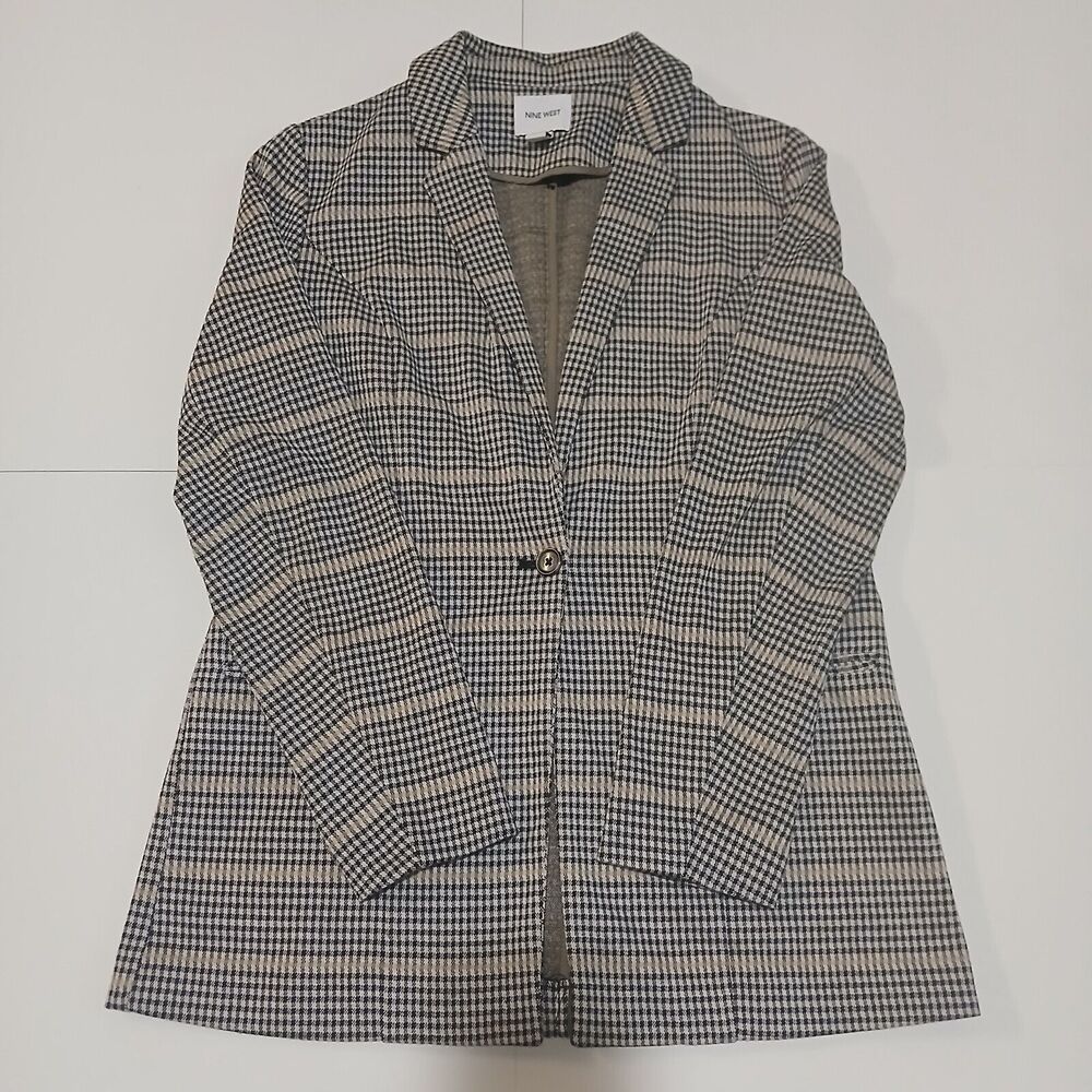 Nine West Single Button Longline Blazer Plaid Print Academia Spring, Size S